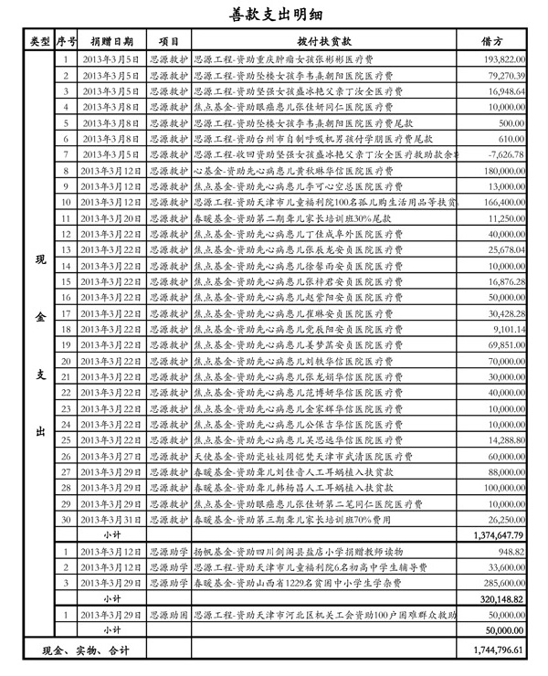 2013年3月份善款支出明细